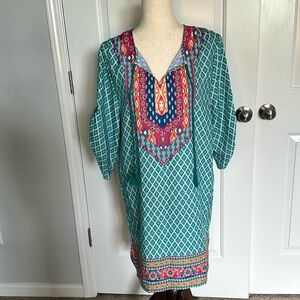 Women Bohemian Neck Tie Vintage Printed Ethnic Style Summer Shift Dress